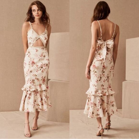 V. Chapman Luna Cutout Floral Tapestry Tiered Midi Dress Size 12 Pink Multi - Picture 3 of 7